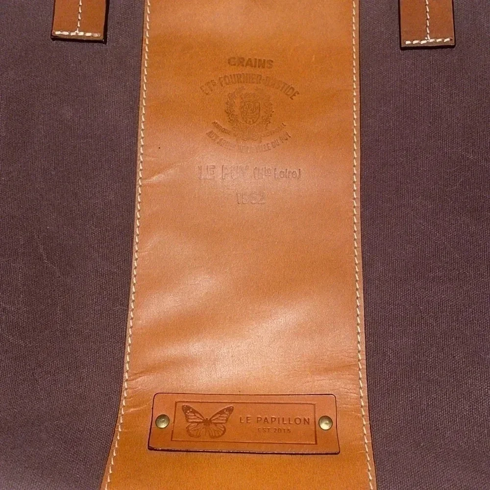 Le Papillon women’s purse tote bag shoulder bag brown tan canvas leather classic